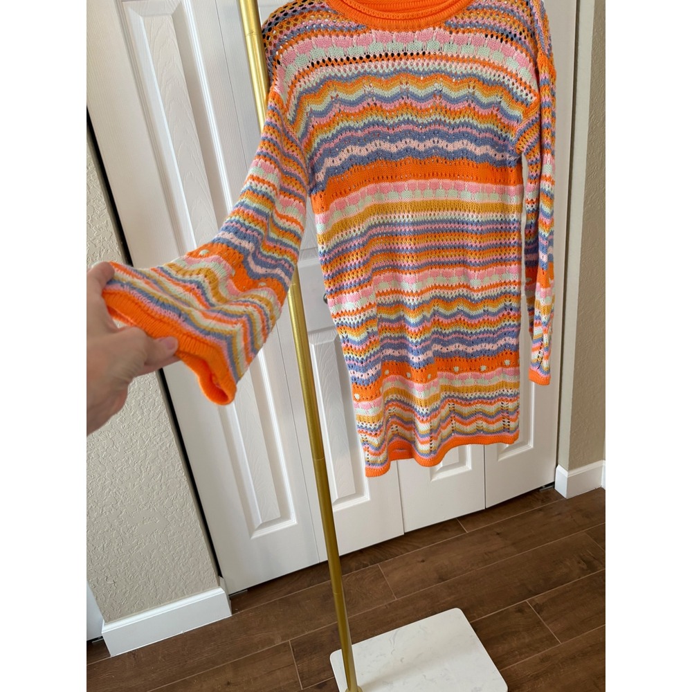 Crochet Knit Mini Dress Long Flare Sleeve Orange Pink Blue Chevron M